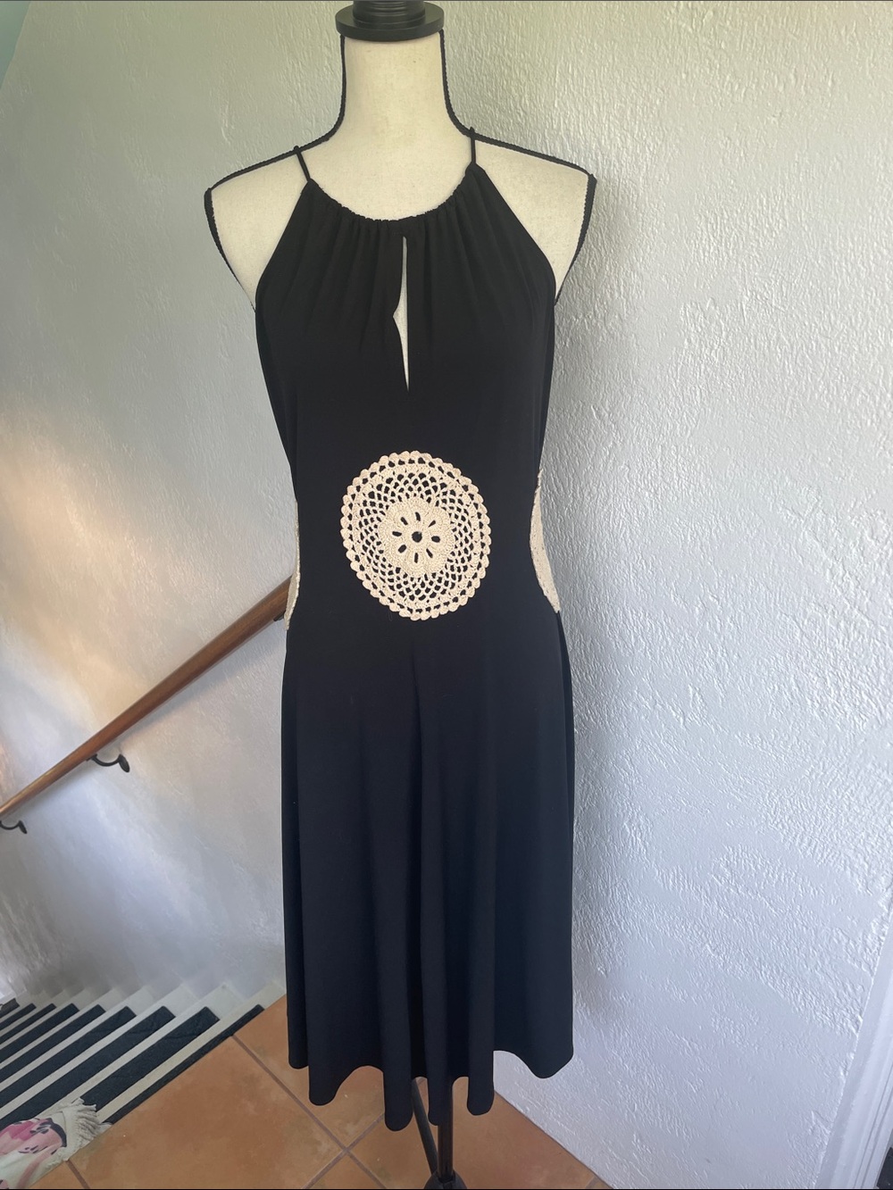 Vintage Maggie L Black Halter Dress with Cream Crochet Accents Size 10 - Picture 1 of 7